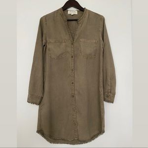Anthropologie Cloth & Stone Tencel Olive Green Fringe Tunic Shirt Dress (NEW)
